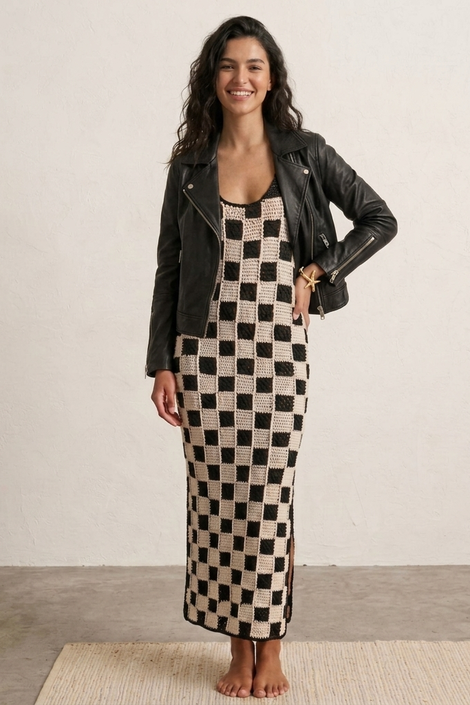 Black & Cream Check Maxi Dress