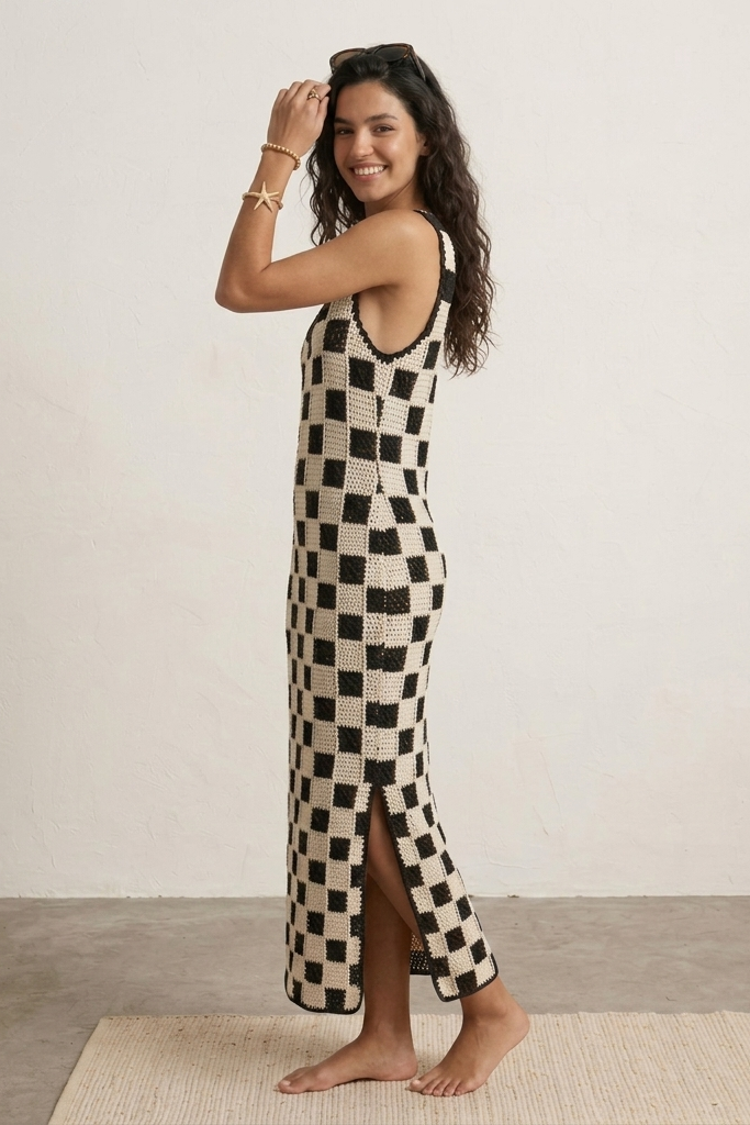 Black & Cream Check Maxi Dress